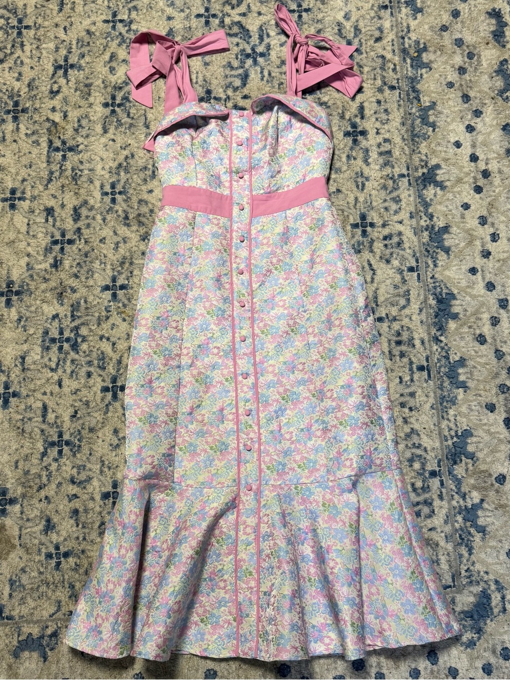 Pastel Pink Floral Tie-Shoulder Midi Dress